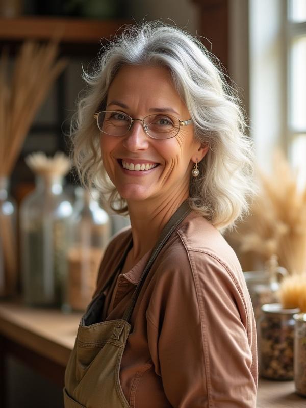 Bertha C. Smoot, Founder & Natural Dye Artisan, smiling in her studio amidst natural dyes