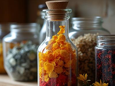 Jars of dried colorful flowers and plants, ready for natural dyeing