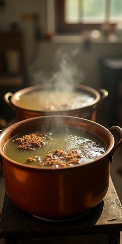 Bubbling dye pots with natural plant materials