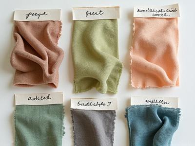 Close up of various naturally dyed fabric swatches showcasing color tests