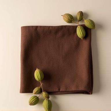 A swatch of rich, dark brown linen textile, accompanied by several green, unripe black walnut hulls.
