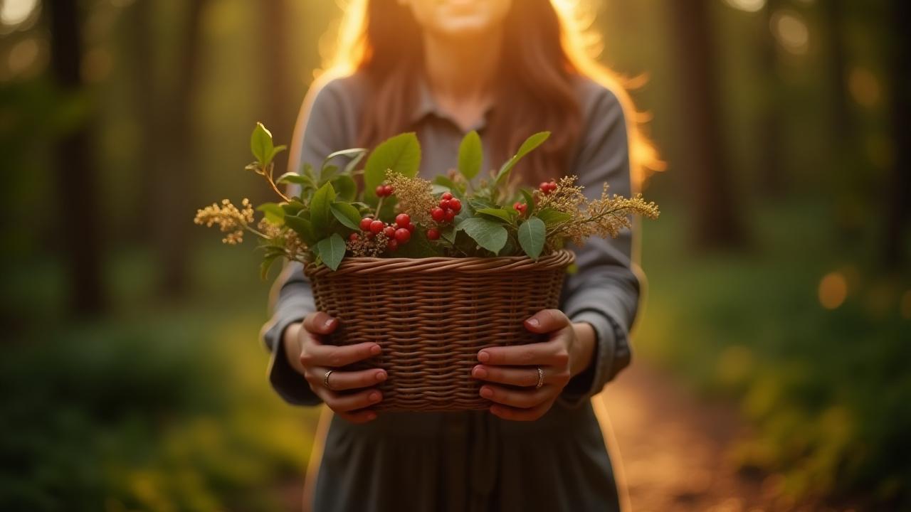 Bertha C Smoot's hands holding a woven basket filled with freshly foraged leaves, berries, and flowers, emblematic of local DC flora like oak leaves, sumac berries, and goldenrod, set against a soft, sun-dappled woodland background.