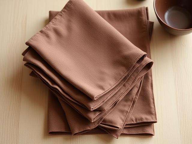 A set of four linen dinner napkins, individually hand-dyed with black walnut, displaying slight variations in a rich, earthy brown hue.