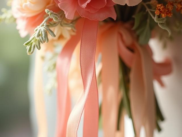 Delicate botanical silk ribbons accenting a wedding bouquet.