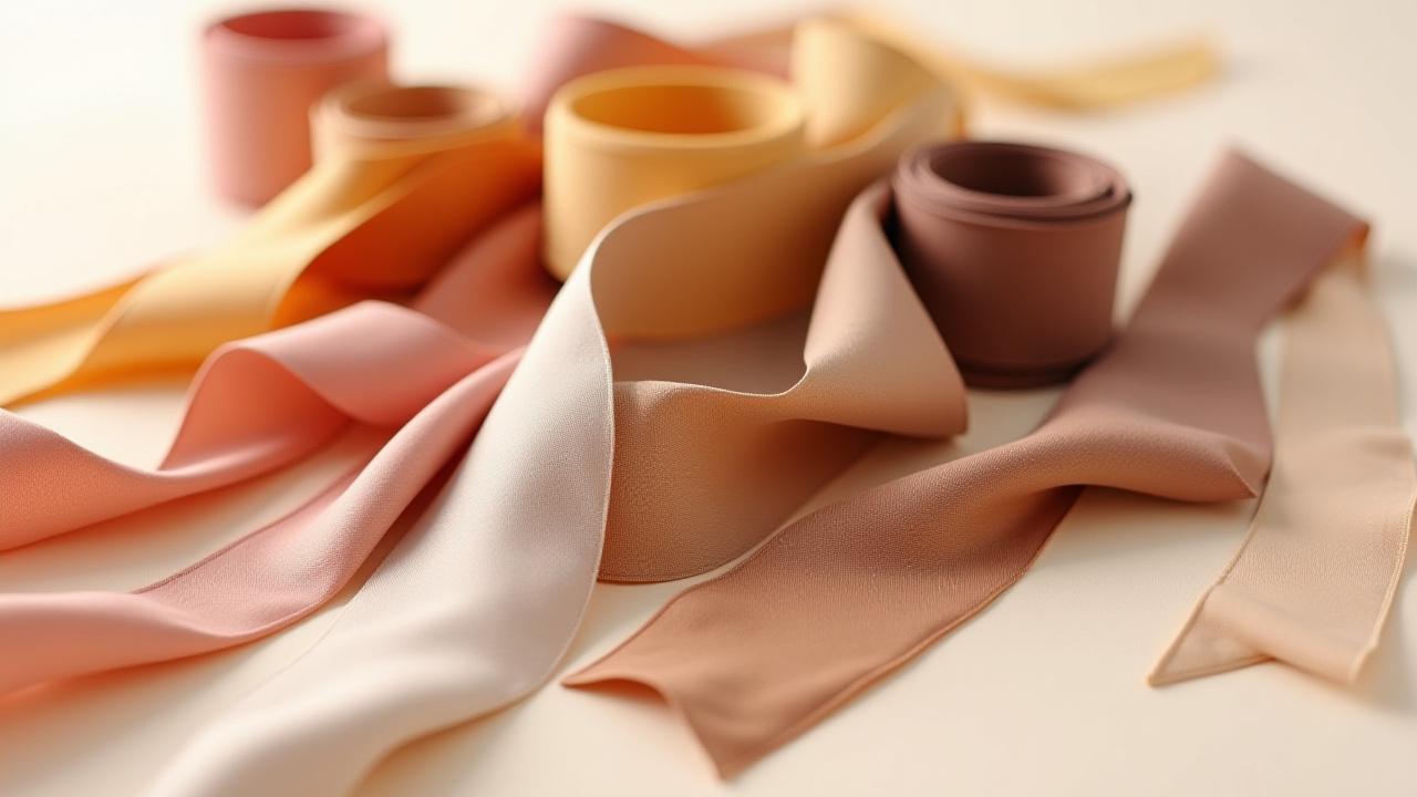 Close-up of a variety of hand-dyed silk ribbons in earthy and muted tones.