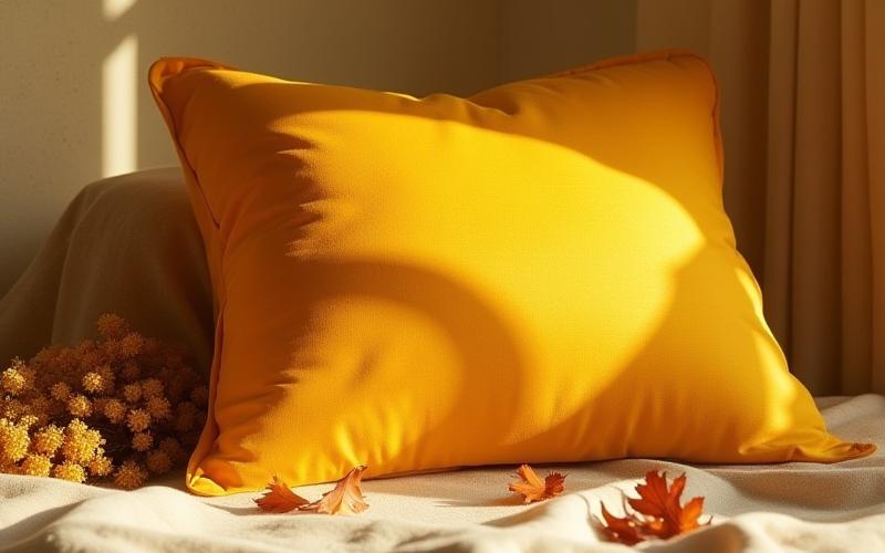A hand-dyed silk pillow featuring warm, complex yellows and oranges derived from autumn foraged botanicals, elegantly styled.