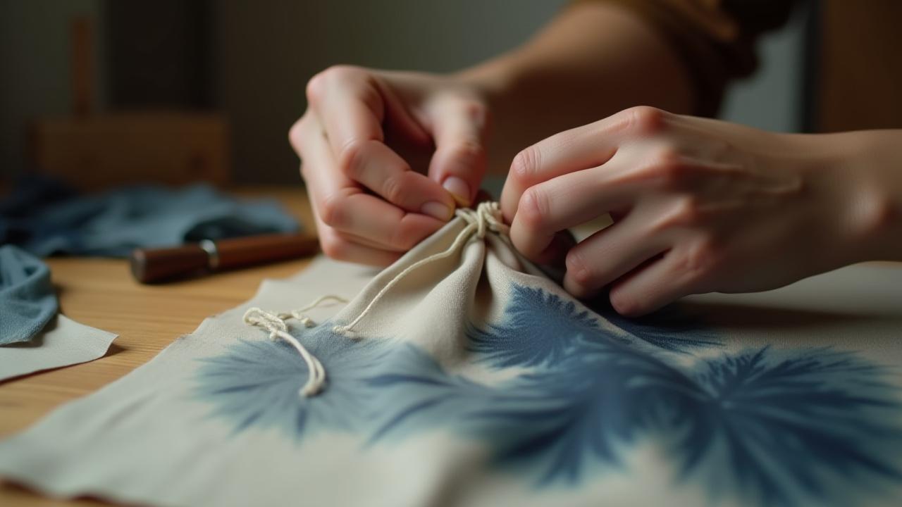 Hands binding fabric for indigo shibori
