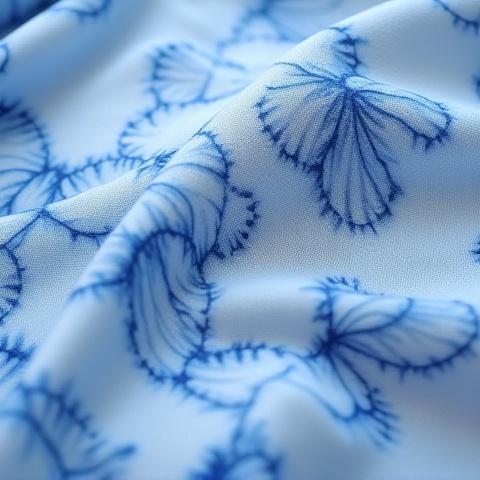 Fabric dyed with Nui Shibori, showcasing finely stitched and gathered resist patterns that create delicate circular or curvilinear motifs in indigo