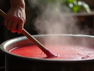Fabric submerged in a large, bubbling dye pot, steam rising