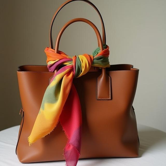 Scarf tied to a handbag for a pop of color